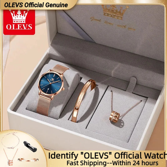 OLEVS Watch Women Rose Gold Top Brand Luxury JAPAN Movement Quartz Ultra Thin Ladies Watch Calendar Date Necklace Watch Set
