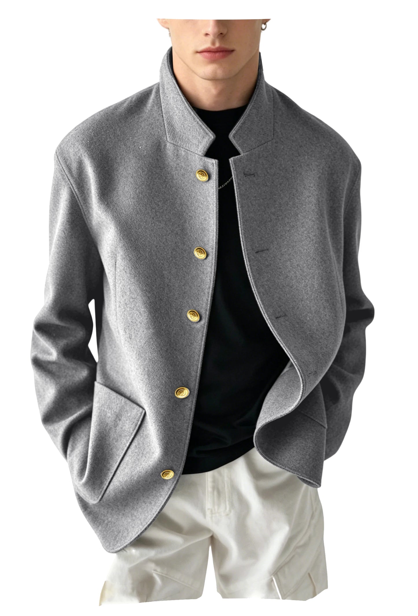 Vintage Men's Stand Collar Jacket Wool Blend Casual Coat Warm Autumn Winter Business Blazer Plus Size Streetwear Outerwear