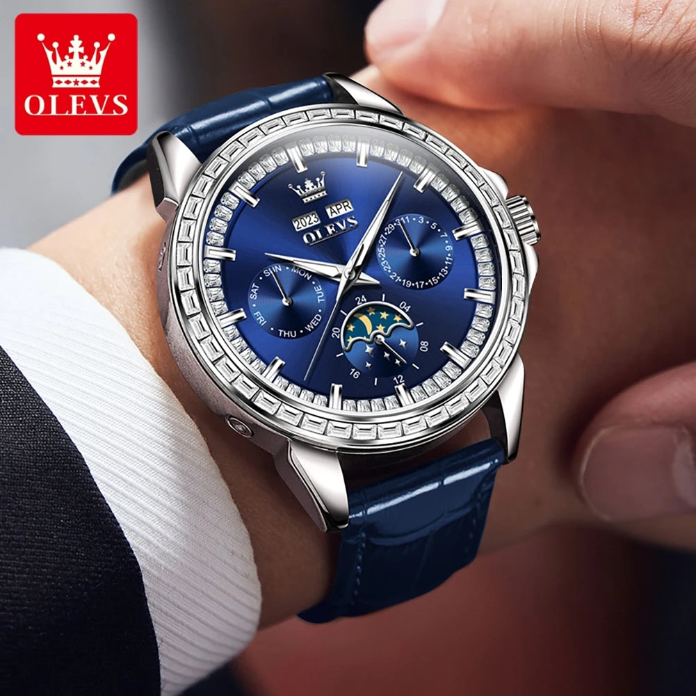 OLEVS 6695 NEW Men's Watches Full Diamond Multifunctional Dial Blue Leather Strap Calendar Week Moon Phase Waterproof Wristwatch