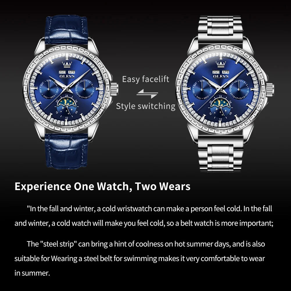 OLEVS 6695 NEW Men's Watches Full Diamond Multifunctional Dial Blue Leather Strap Calendar Week Moon Phase Waterproof Wristwatch