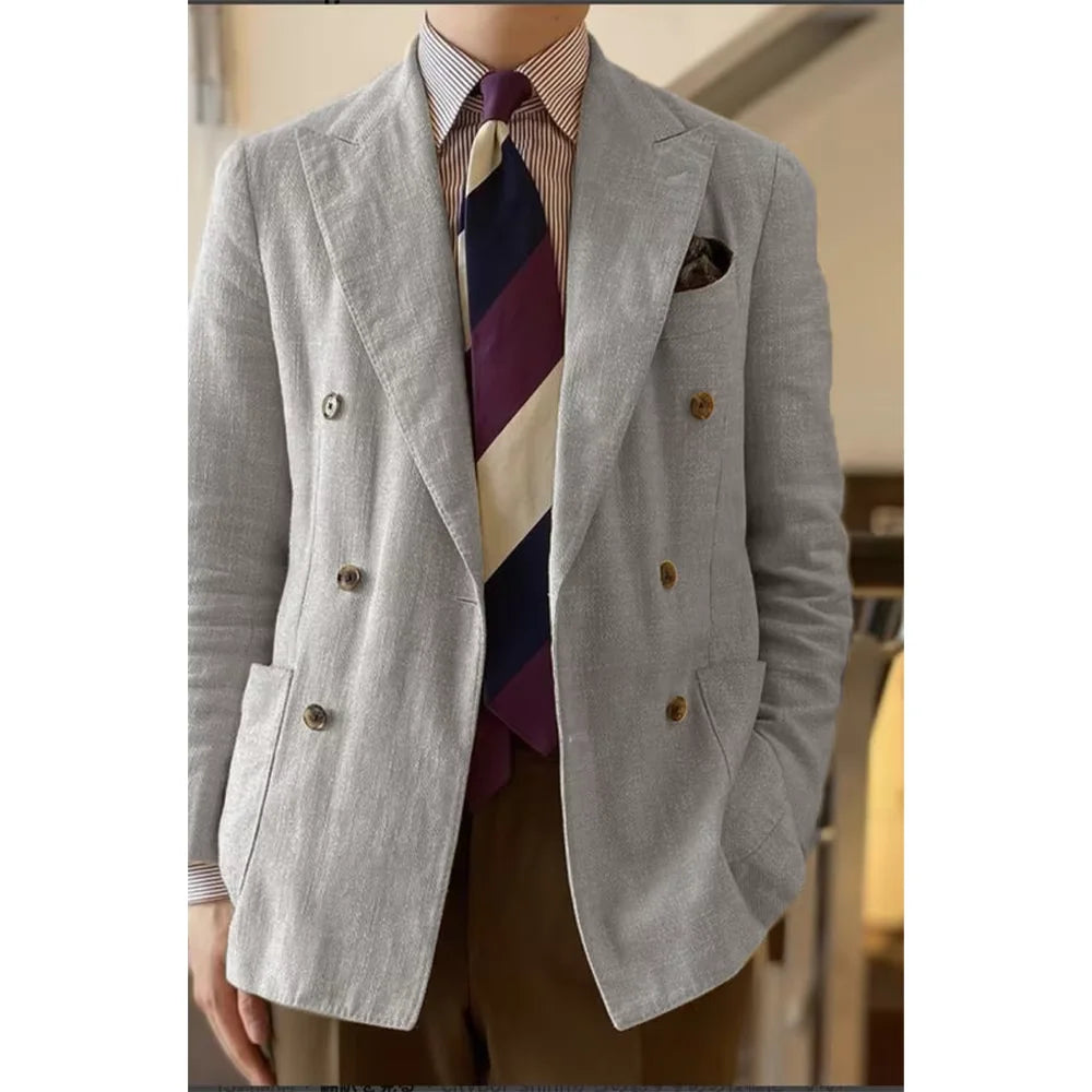 Elegant Men's Linen Blazer Double Breasted Peak Lapel Breathable Lightweight Fashion Casual Jacket Old Mmoney Aesthetic Business