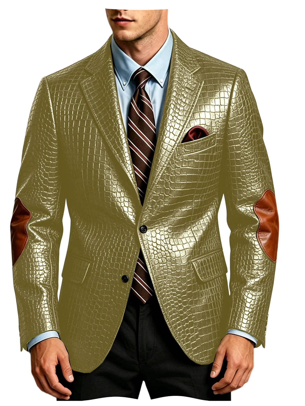 Luxury Men's Crocodile Embossed Leather Blazer Notched Lapel Elbow Patches 2 Button Slim Fit Jacket Business Casual For Wedding