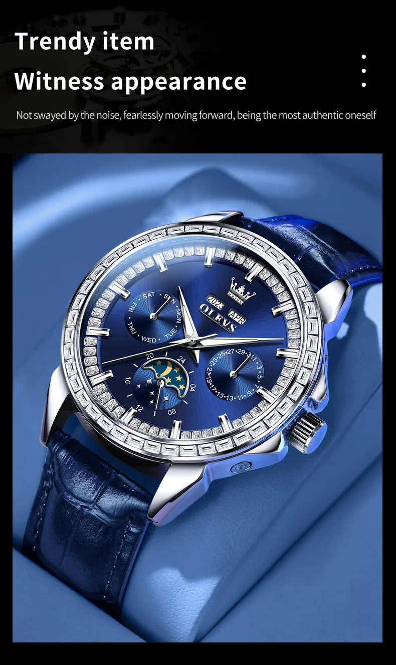 OLEVS 6695 NEW Men's Watches Full Diamond Multifunctional Dial Blue Leather Strap Calendar Week Moon Phase Waterproof Wristwatch