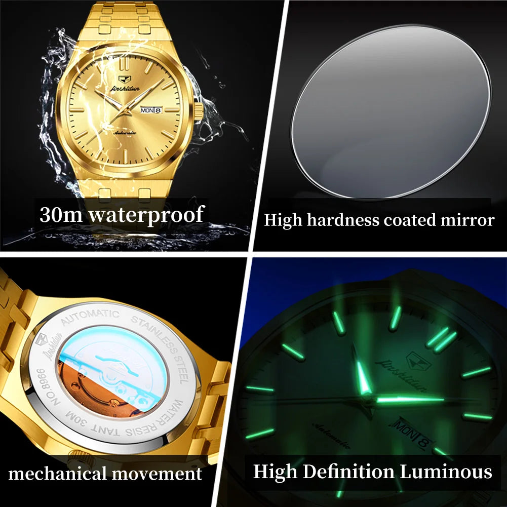 JSDUN 8966 Full Gold Watch for Men Automatic Mechanical Dual Calendar Display Waterproof Night light Man Wristwatch