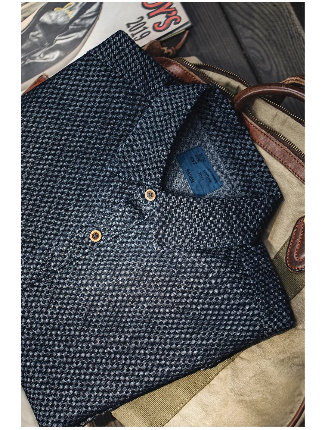 Maden Retro Loose Long-sleeved Denim Shirt Checkered Lapel Single-breasted Jacket for Men Spring and Fall Versatile Outerwear