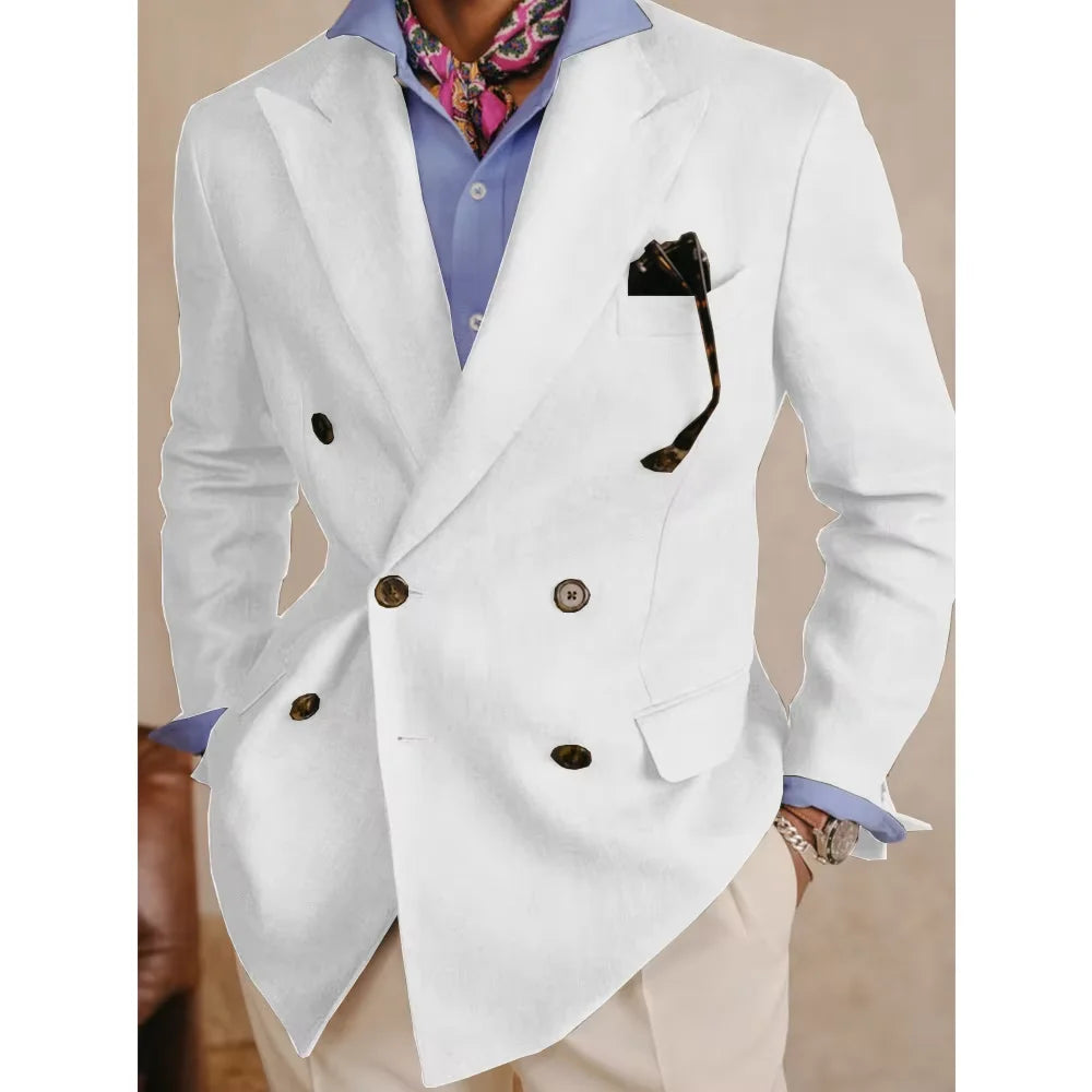 Men's Cotton Linen Blazer Vintage Double Breasted Slim Fit Peak Lapel Breathable Lightweight Summer Formal Jacket Business Casua