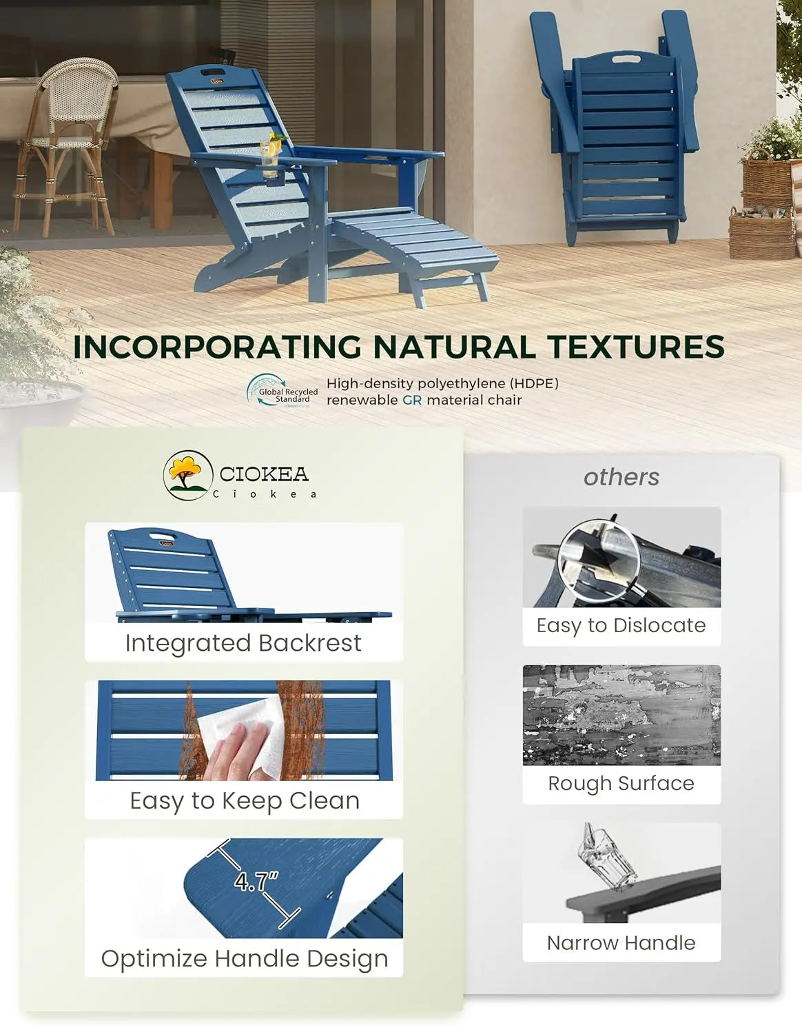 Folding Adirondack Chair Set of 2, Retractable Ottoman & Pull-Out Footrest, Weather Resistant for Fire Pit Lawn Outdoor , Custom