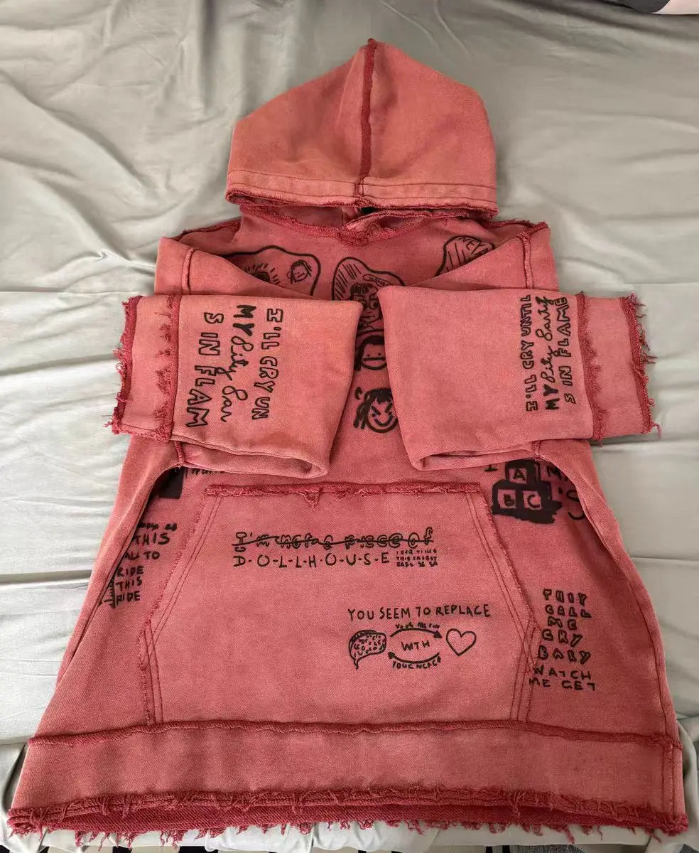 Men High Street Oversized Hip Hop Hoodies Streetwear Washed Vintage Sweatshirt Retro Printed Loose Fit Y2K Hooded Pullover Tops
