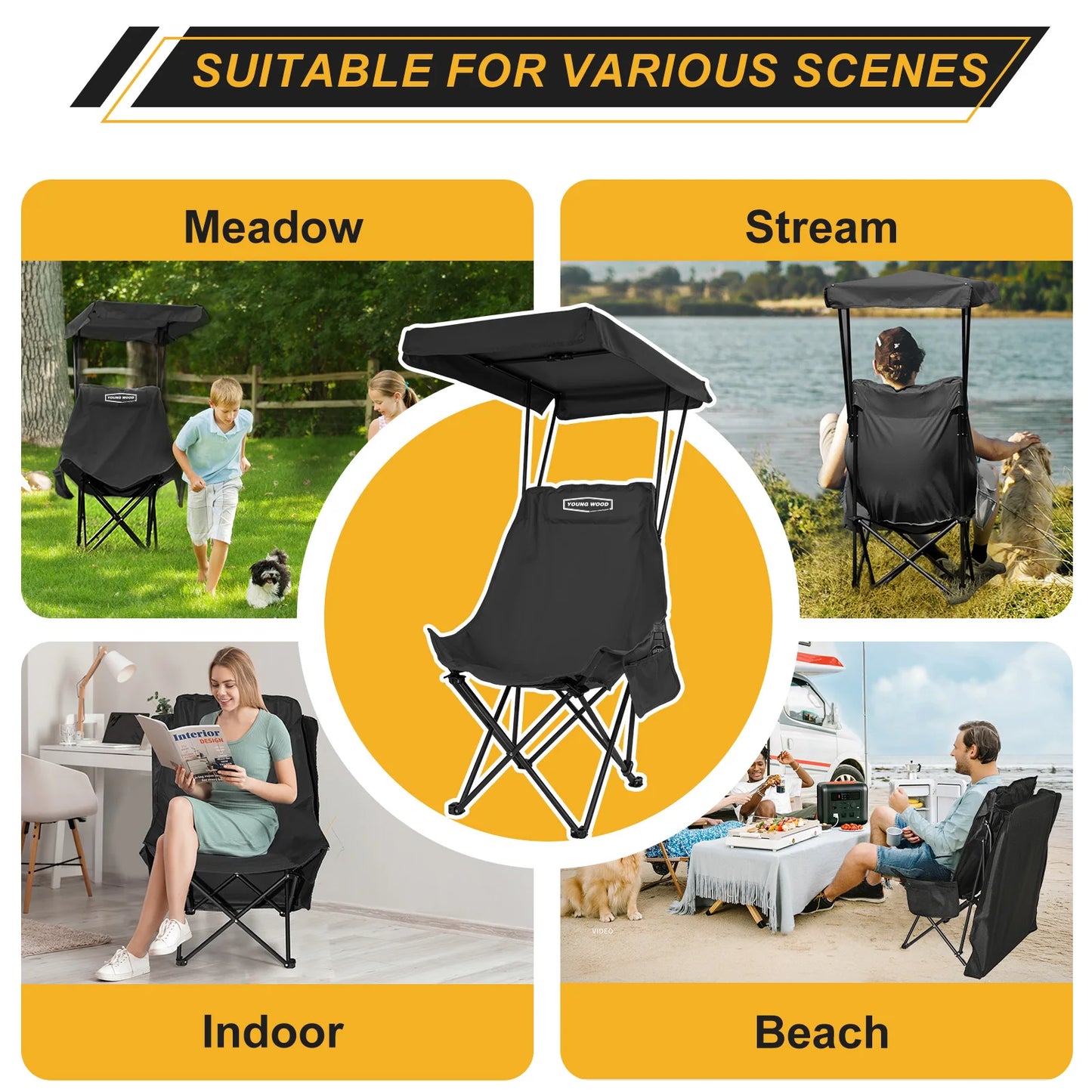 YOUNG WOOD Portable Camping Chair Beach Chair With Shade Canopy, Fold Lightweight Oversized For All, Easy To Open And Close