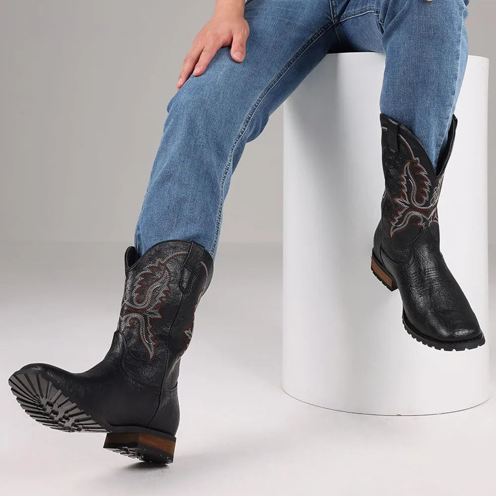 DoraTasia Plus size 12.5 New Fashion Retro Square Toe Neutral Cowboy Boots Luxury Embroidered Concise Pull-on Western Boots
