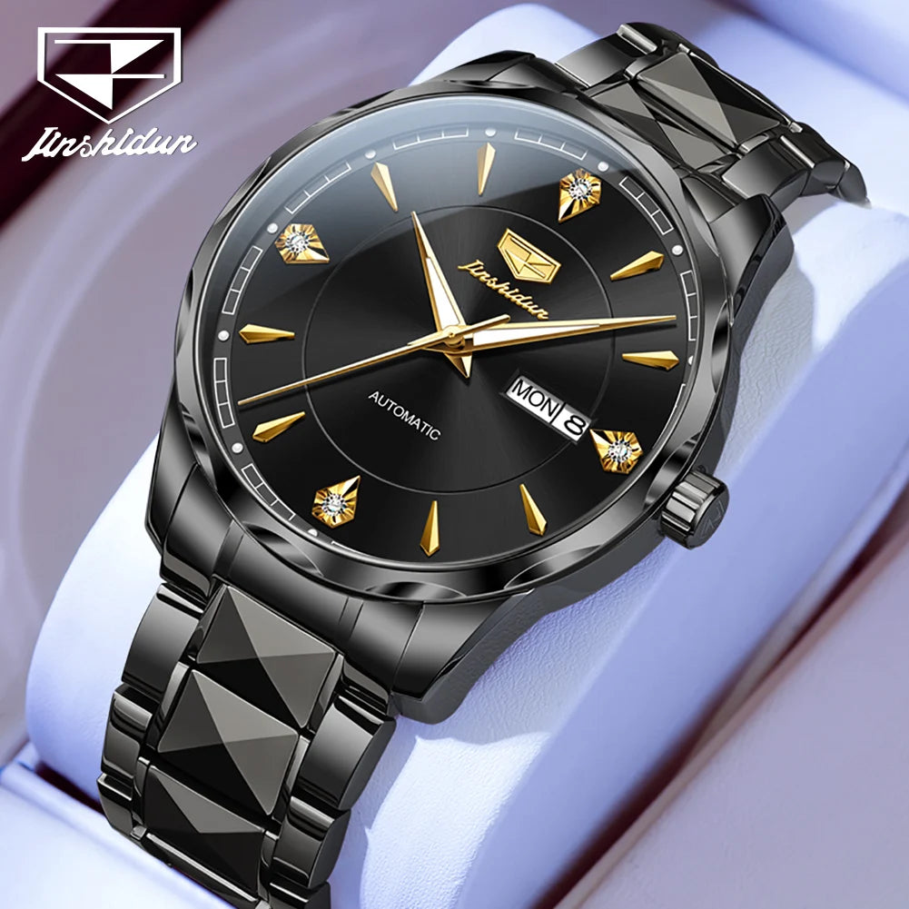 JSDUN High End Men's Watches Auto Calendar Week Tungsten steel Sapphire Mirror Automatic Mechanical Watch for Men Luxury Brand