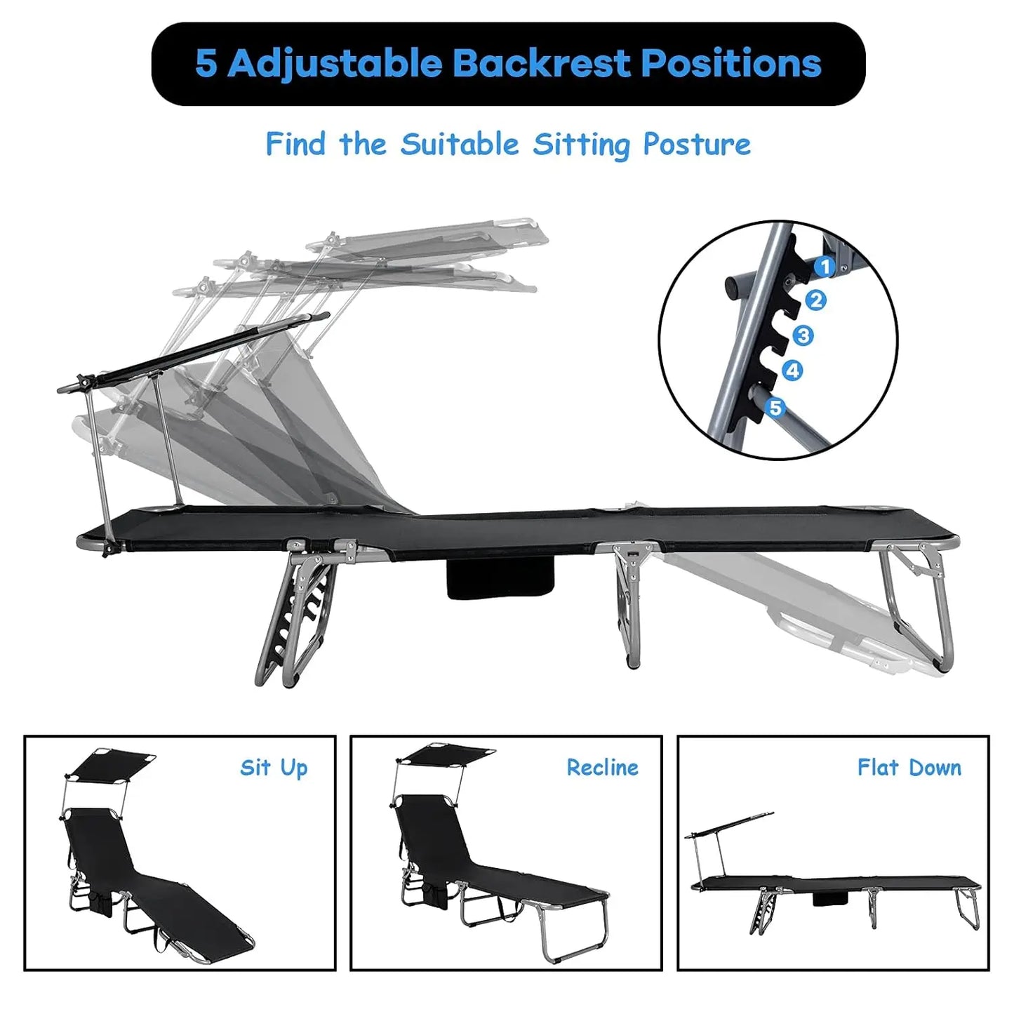 Beach Chair with Canopy Shade, Folding Tanning Lounge with Adjustable Backrest, Carry Handle & Side Pocket,, Customized