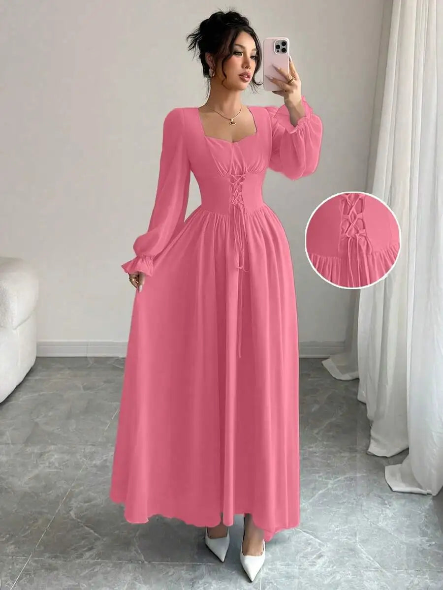 Elegant Blue Long Sleeve Maxi Dress with Corset Lace-Up Waist, Square Neck, Ruffled Cuffs for Spring Summer Events