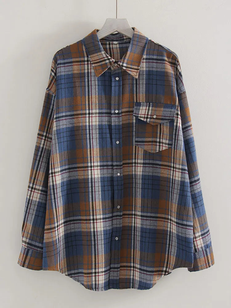 Streamgirl Oversized Plaid Shirt Women 2026 Spring Loose Vintage Long Shirts Full Sleeve Women Plaid Brown Oversized Shirt Blue