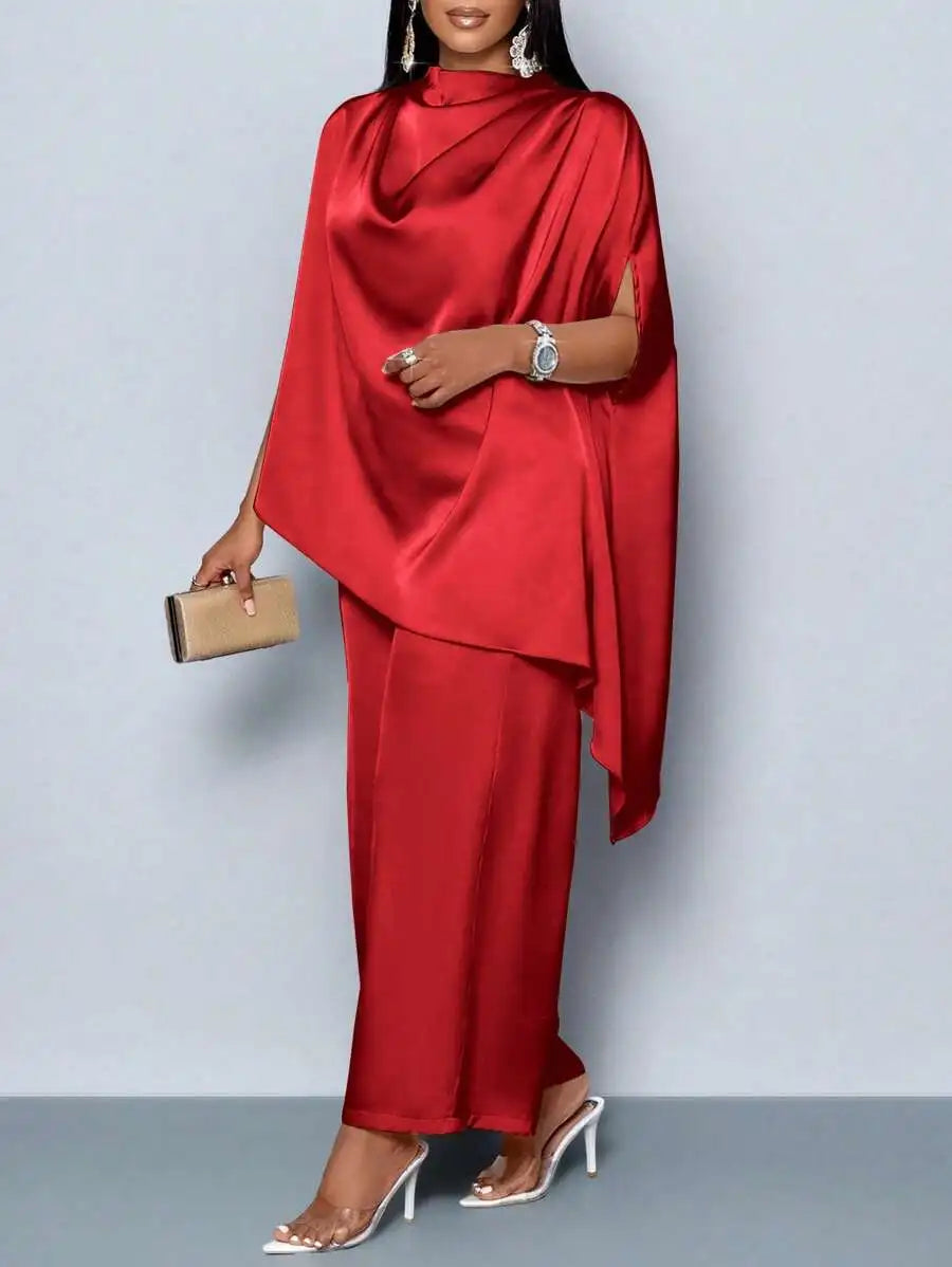 Women's Satin Mock Neck Asymmetrical Blouse & Straight Leg Pants Set, Elegant Plus Size Outfit for Fall