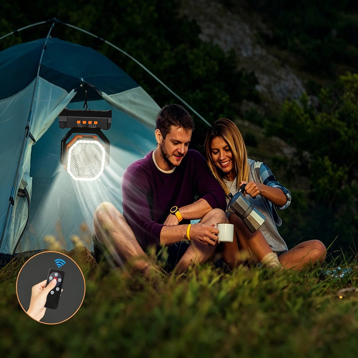 20000mAh Battery Powered Fan Rechargeable Camping Fan 4 Speeds Gear with LED Outdoor Tent Fans with Hanging Hook Remote