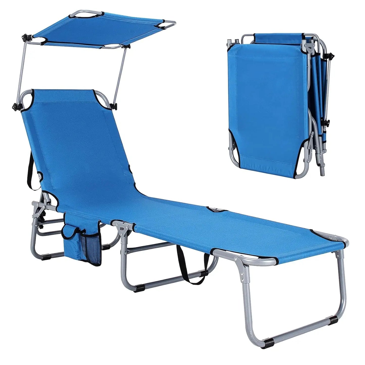 Beach Chair with Canopy Shade, Folding Tanning Lounge with Adjustable Backrest, Carry Handle & Side Pocket,, Customized