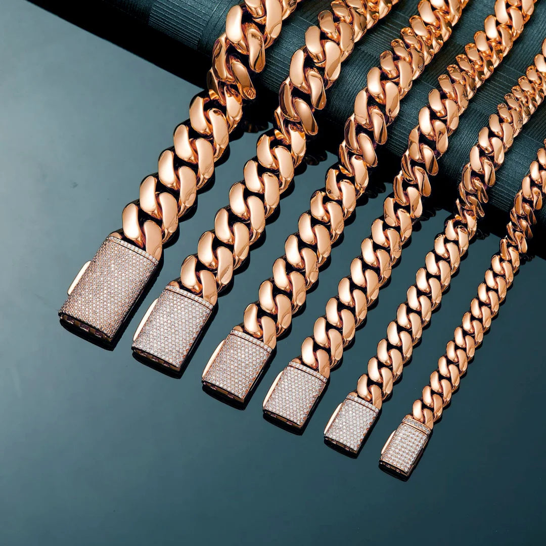 14-22mm Rose Gold  Stainless Steel Cuban Miami Link Chain Iced Out CZ Box Clasp Necklace Fashion Hip Hop Unisex Jewelry (1PC)