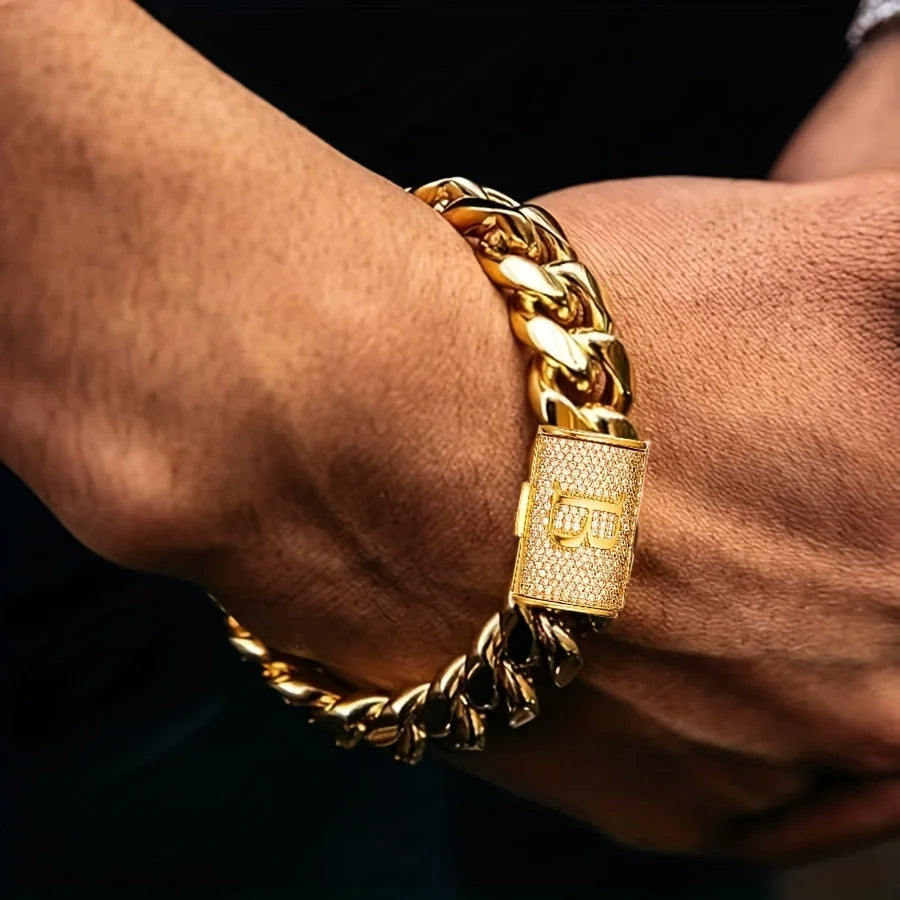 14mm Cuban Link Chain Bracelets 18K Gold Plated Stainless Steel Punk Exaggerated Big Bangle Bracelet. Letter A-Z Men'S Bracelet