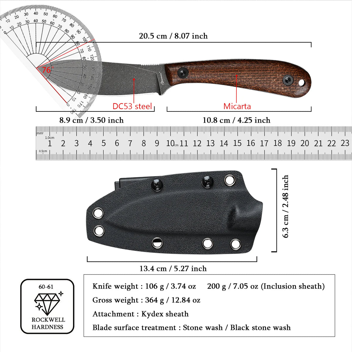 SDOKEDC Knives DC53 Steel EDC Utility Knife Micarta Handle With Kydex Sheath Portable Hand Tool For Men EDC Outdoor Camping