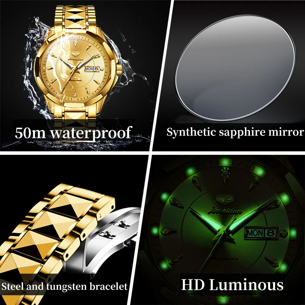JSDUN Original Mechanical Men's Watches Waterproof Stainless steel Band Gold Wristwatches Date Automatic Watch For Men Genuine
