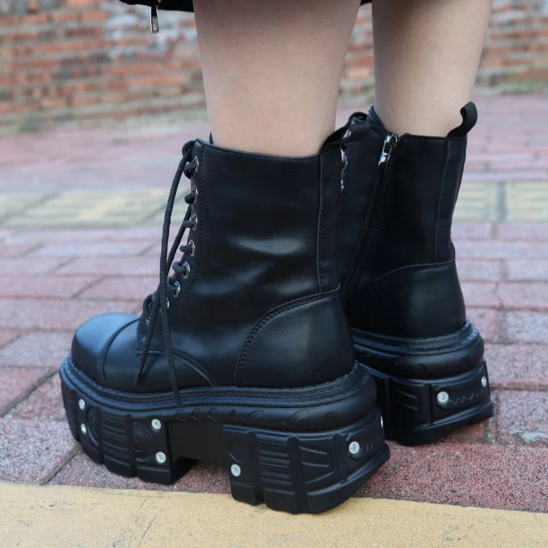Gothic Motorcycle Boots Fashion Large Size Thick Heel Knight Boots Platform Metal Decoration Ankle Boots Punk High Top Shoes Ins