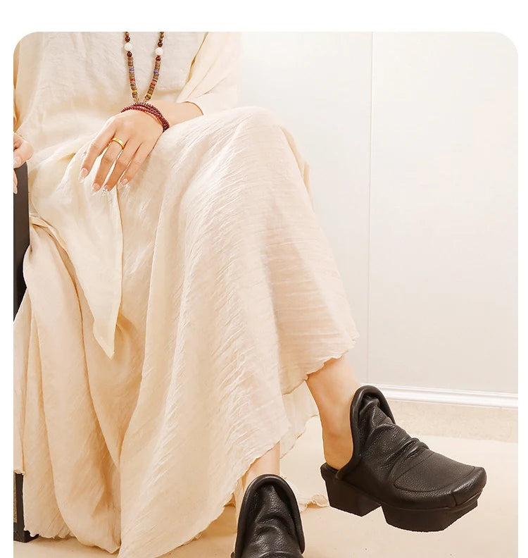 Birkuir Retro Thick Heel Closed Toe Slippers Slip On Women Outdoors Slides Spring Summer Genuine Leather Slippers Size 41