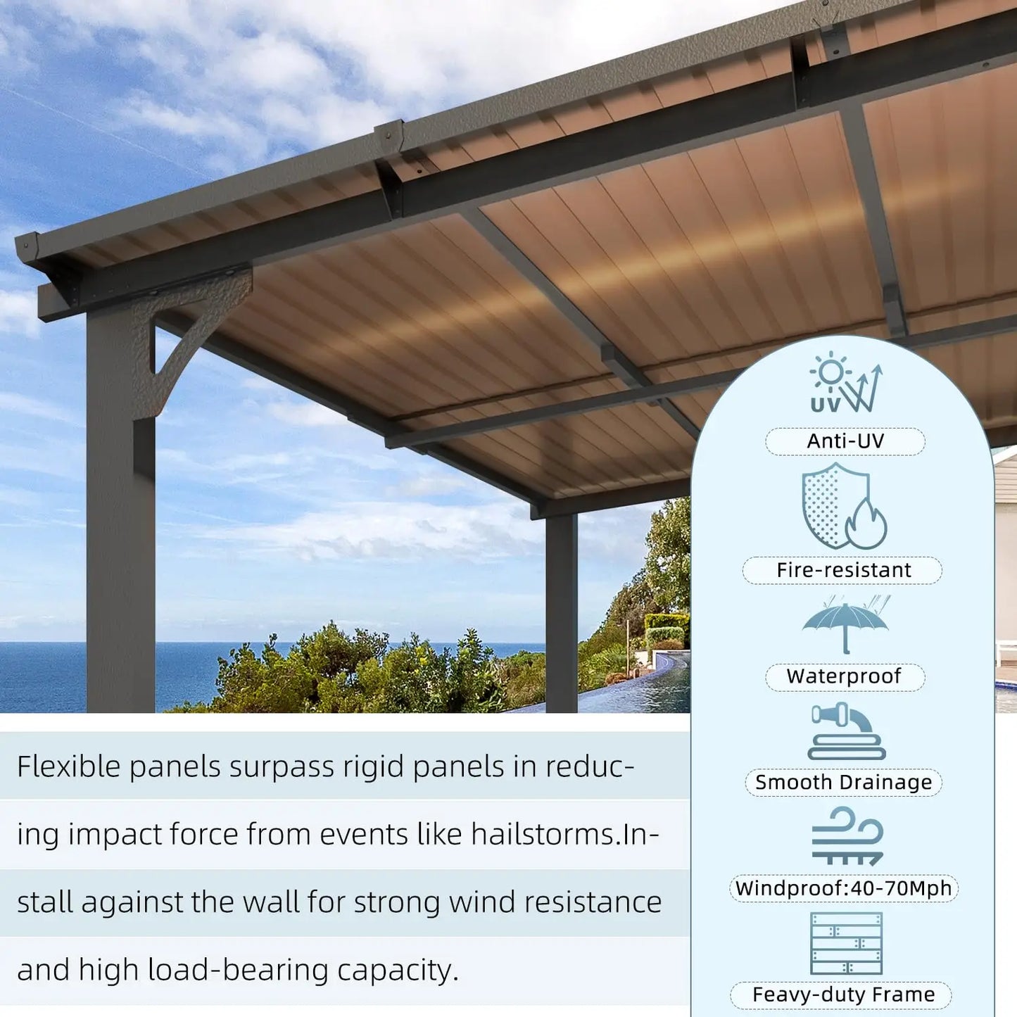 Wall Gazebo12’ x 10’, Hard Top Gazebos Pergola on Clearance, Outdoor Patio Lean to Gazebo Canopy Awnings for Deck,, Customized