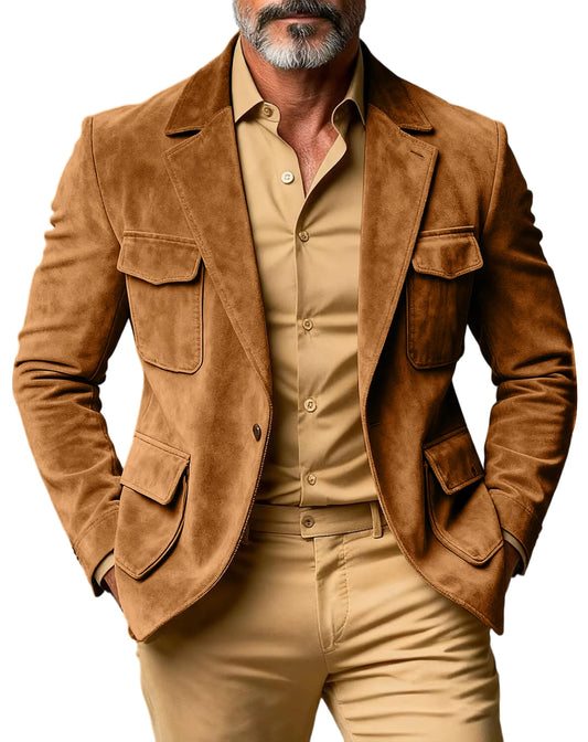 Men's Brown Suede Safari Blazer Vintage Slim Fit  Multi-Pocket Casual Hunting Jacket Fashion Comfortable Sport Coat For Daily