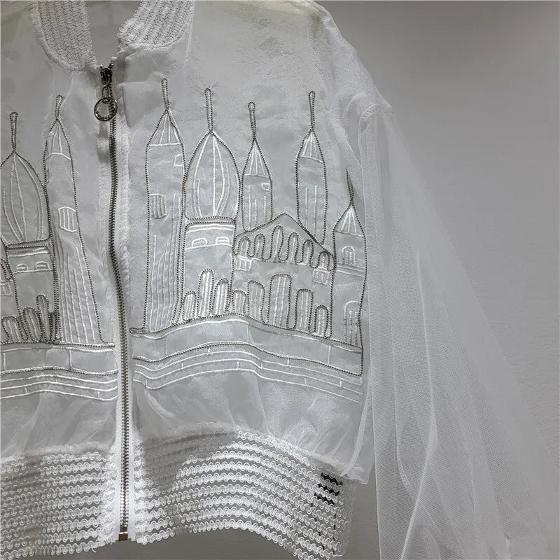 DEAT Women's Coat Stand Collar Zipper Casual Embroidery Perspective Lightweight Mesh Jackets 2026 Summer New Fashion 29A7383