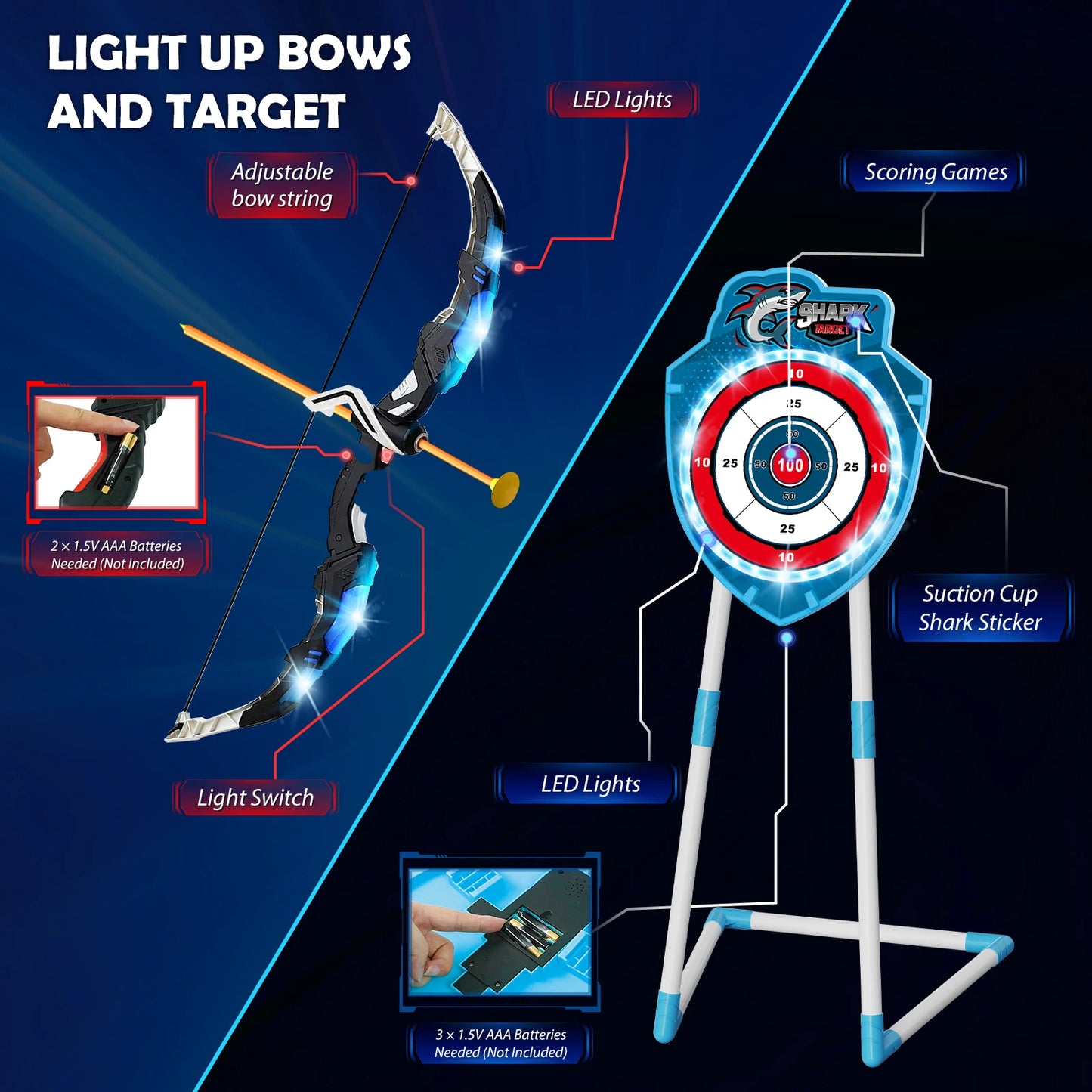 VATOS Night-Light Bow Arrow Guns Toy For Kids Archery Stand Target Board Indoor Outdoor Game Toys Boys Girls
