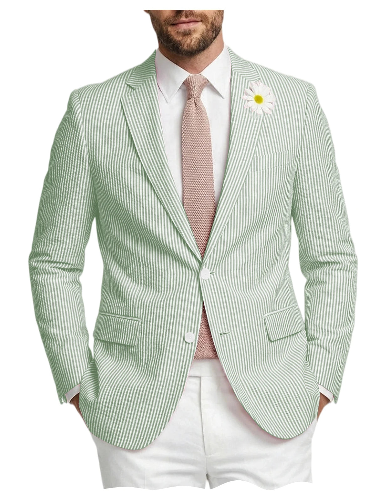 Men's Striped Seersucker Blazer Notch Lapel Slim Fit Suit Jacket Summer Lightweight Business Casual Sport Coat for Wedding Party
