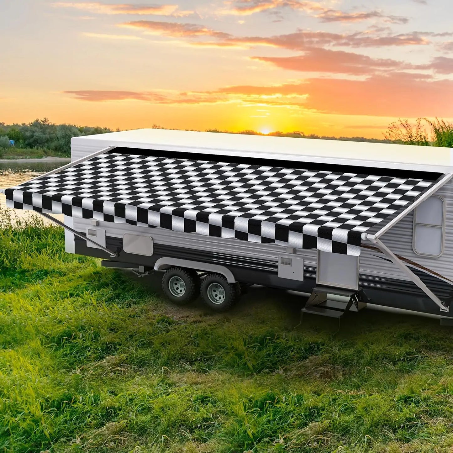 Weatherproof Vinyl RV Awning Fabric Replacement Universal Camper Trailer Canopy 17ft Fabric 16ft2in Brown, Custom