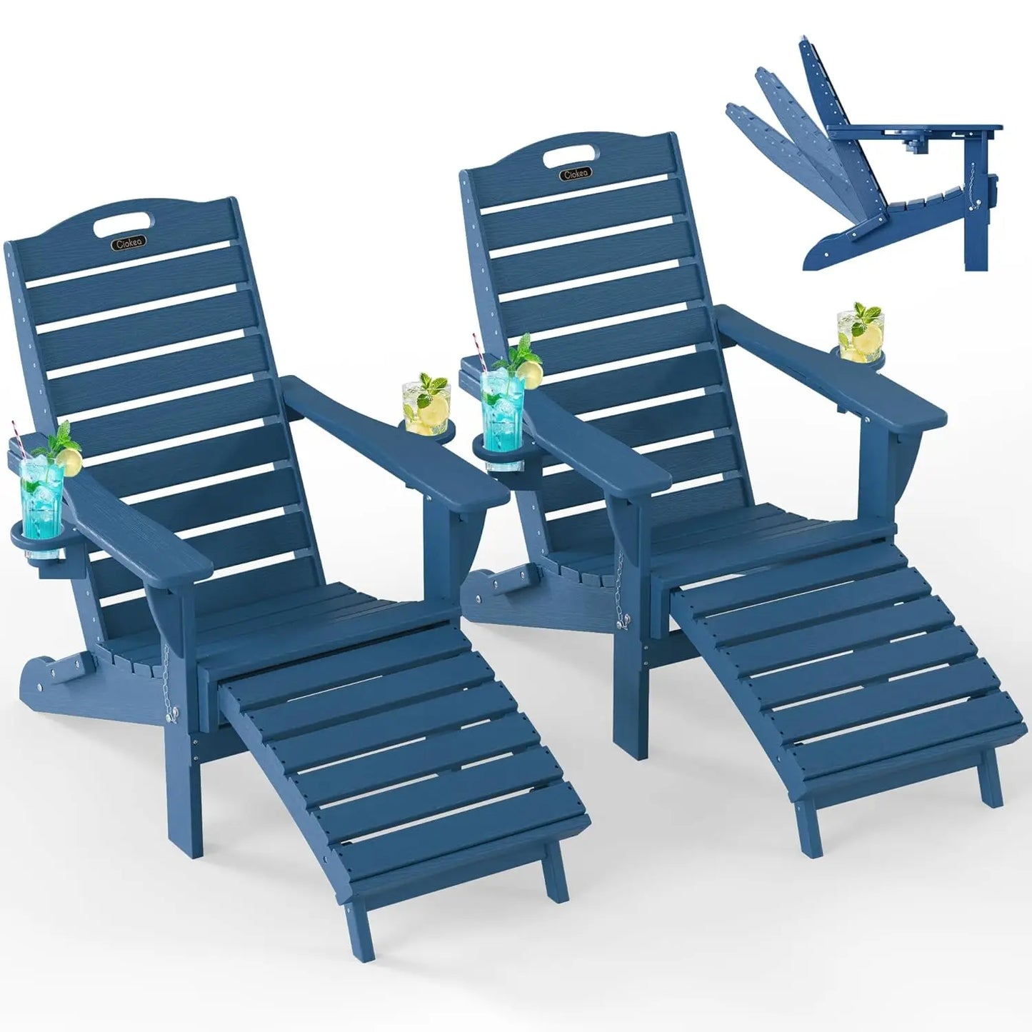 Folding Adirondack Chair Set of 2, Retractable Ottoman & Pull-Out Footrest, Weather Resistant for Fire Pit Lawn Outdoor , Custom
