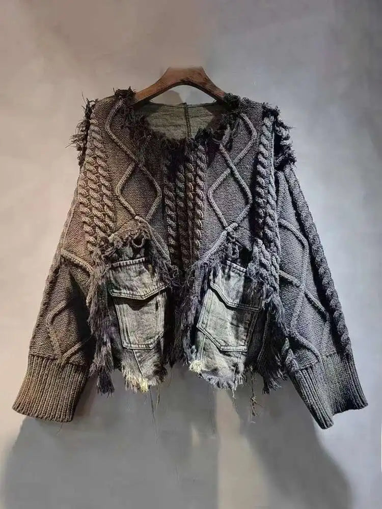 DEAT Women Pullover Long Sleeve Irregular Do Old Patchwork Pockets Vintage Washed Denim Sweater 2026 Summer New Fashion 29L8195