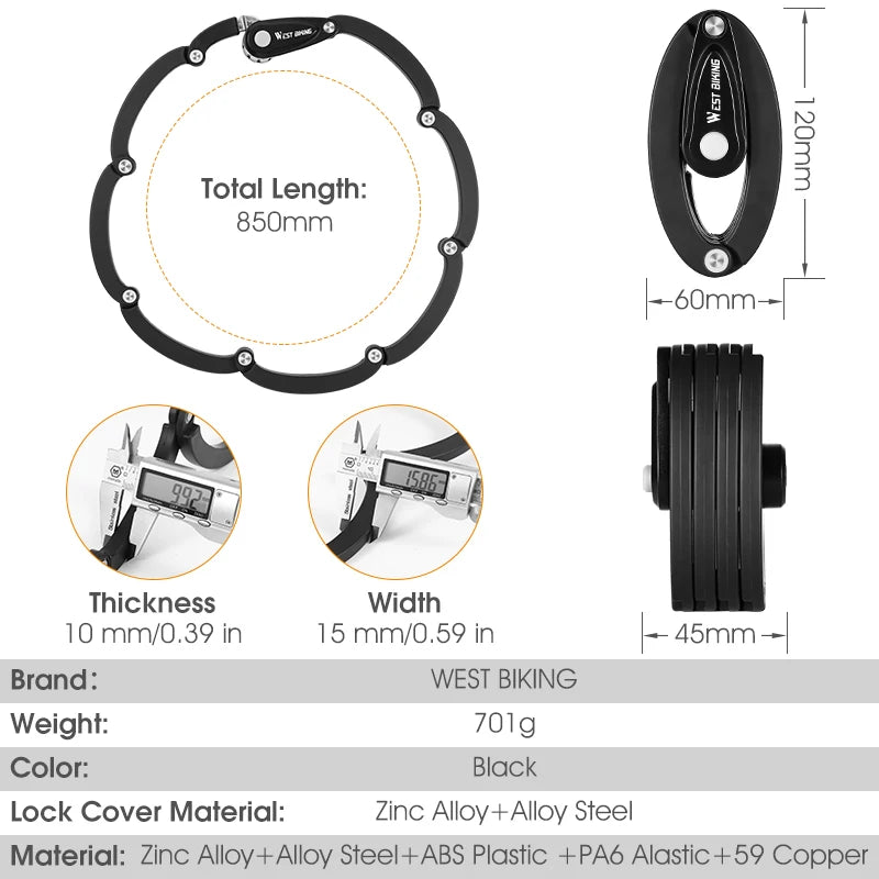 WEST BIKING Anti-Theft Bicycle Folding Lock MTB Road Bike Portable Lock Scooter Ebike Motorcycle Safety Lock Cycling Accessories
