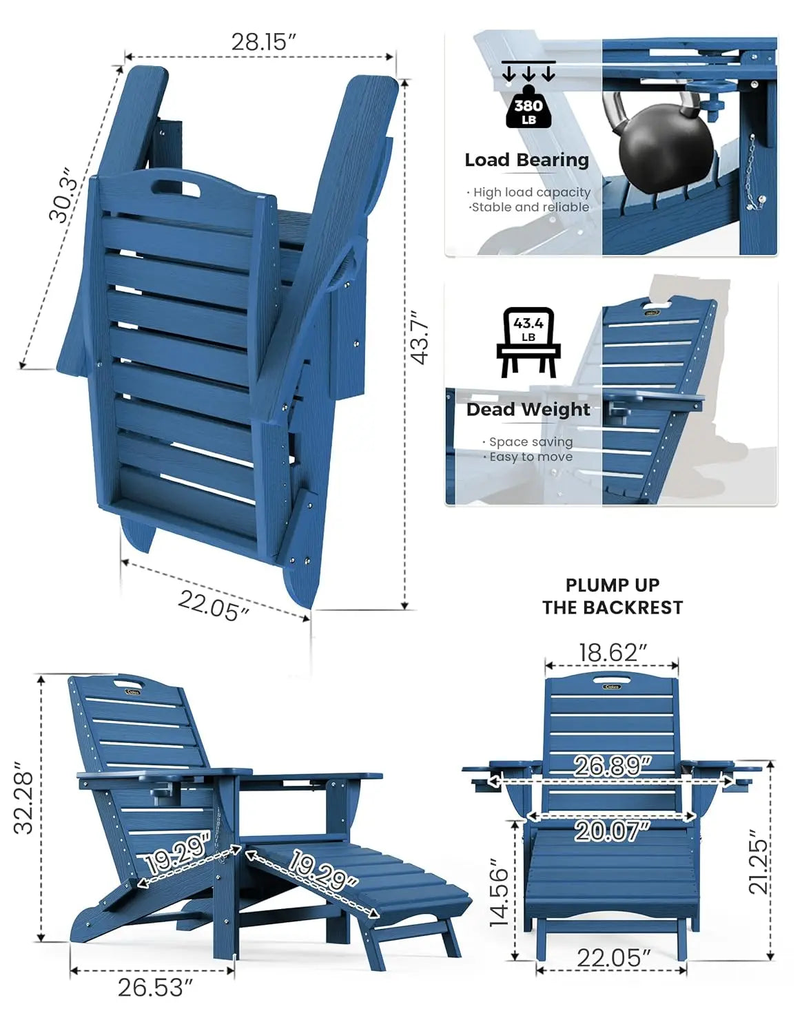 Folding Adirondack Chair Set of 2, Retractable Ottoman & Pull-Out Footrest, Weather Resistant for Fire Pit Lawn Outdoor , Custom