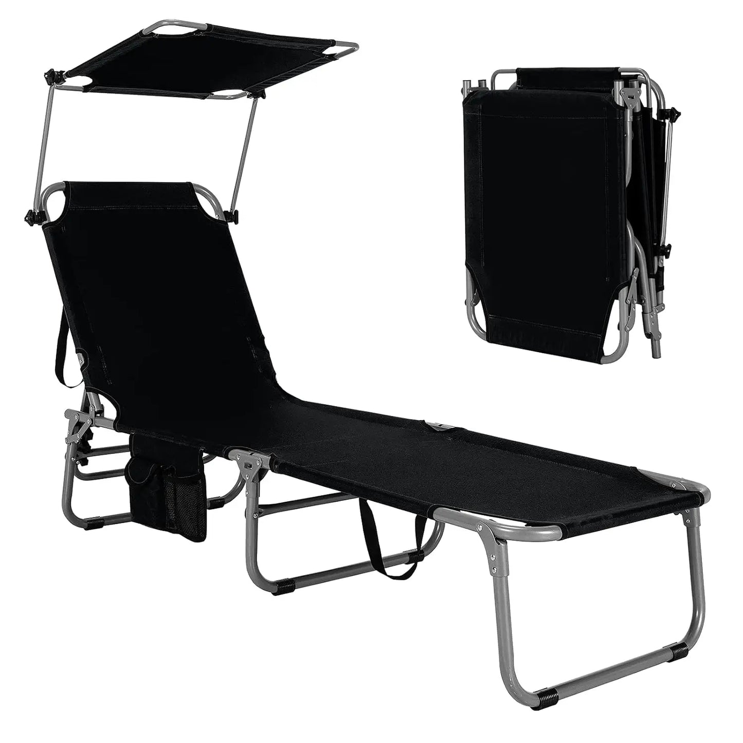 Beach Chair with Canopy Shade, Folding Tanning Lounge with Adjustable Backrest, Carry Handle & Side Pocket,, Customized