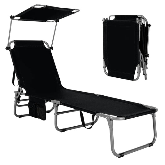 Beach Chair with Canopy Shade, Folding Tanning Lounge with Adjustable Backrest, Carry Handle & Side Pocket,, Customized