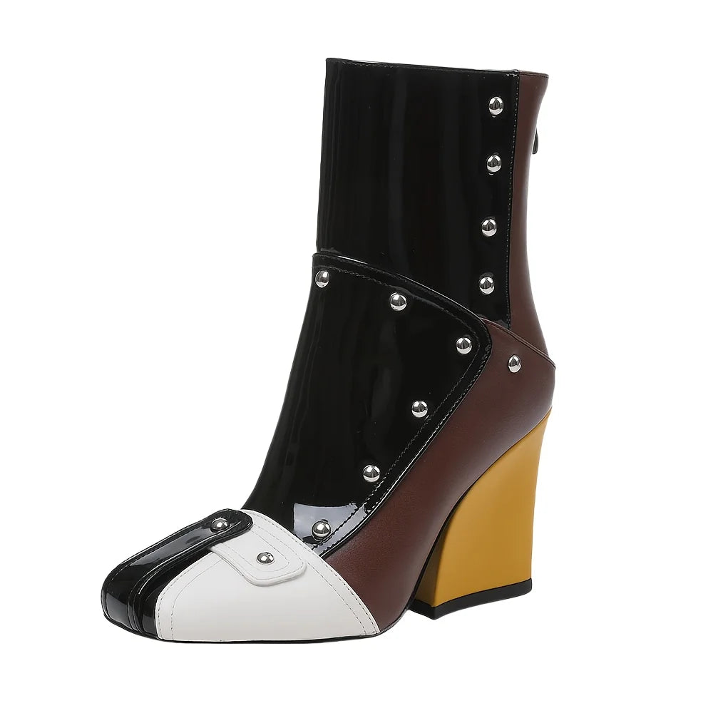 Women's Punk Square Toe Ankle Boots Fashion Rivet Patchwork Back Zipper Chunky High Heel Party Boots Woman