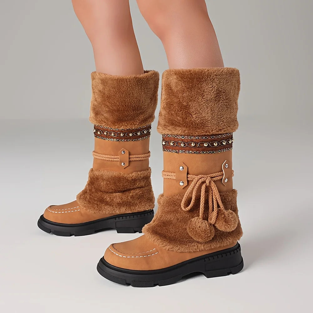 Women's Winter Furry Knee High Snow Boots Fashion Platform Chunky Heels Warm Faux Fur Lining Pull On Casual Comfy Boots Woman