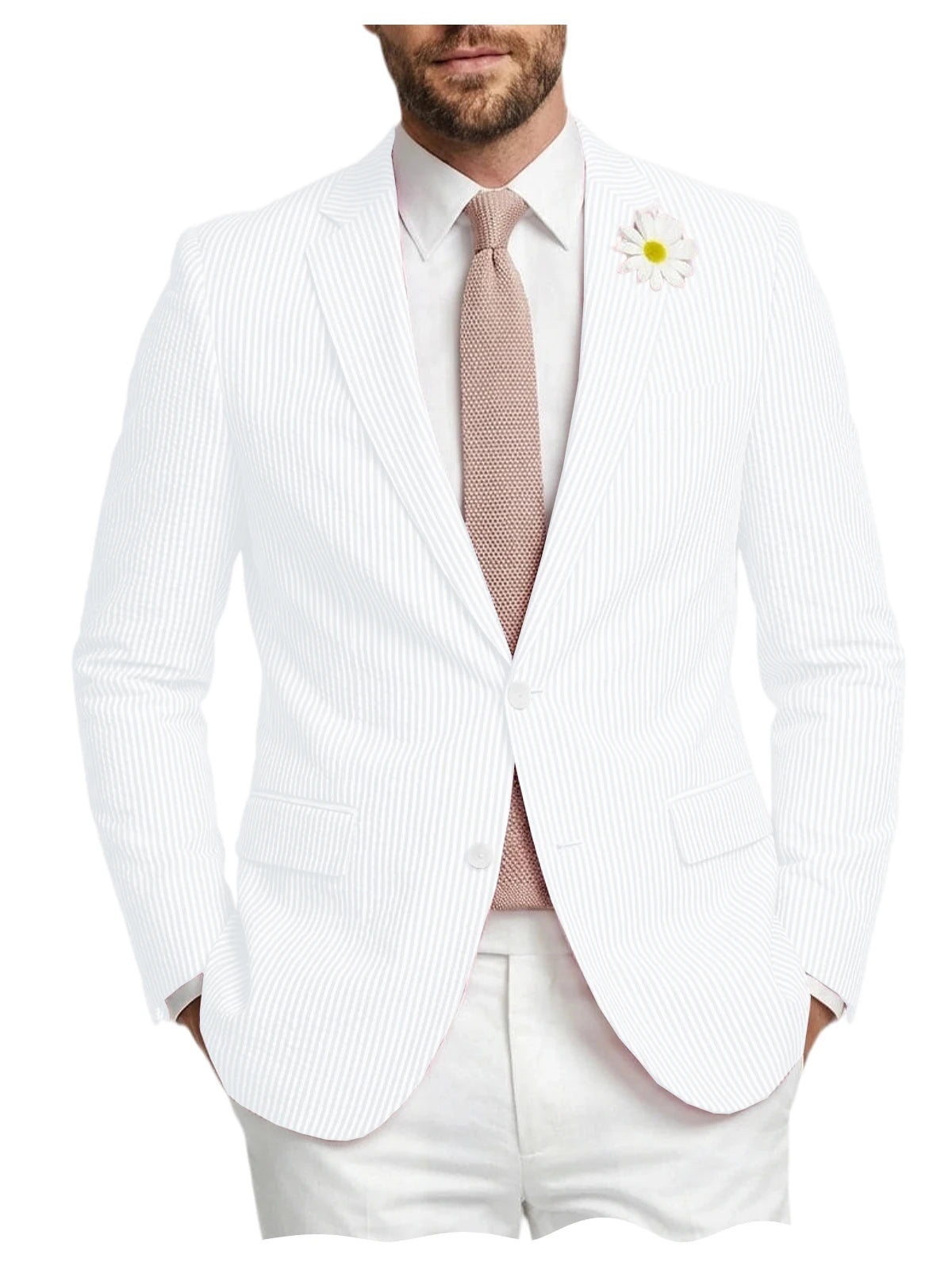 Men's Striped Seersucker Blazer Notch Lapel Slim Fit Suit Jacket Summer Lightweight Business Casual Sport Coat for Wedding Party