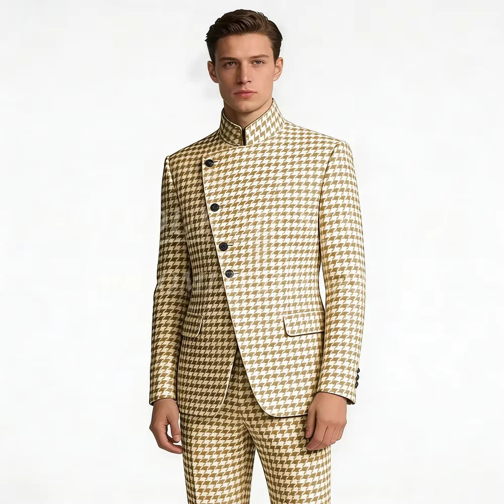 Elegant Men's Houndstooth Suit 2 Piece Mandarin Collar Slim Fit Fashion Jacket Pants Vintage Male Set For Formal Business Weddin