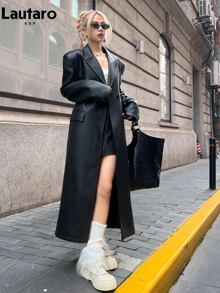 Lautaro Spring Autumn Extra Long Black Loose Pu Leather Trench Coat for Women Shoulder Pads Double Breasted Faux Leather Blazer