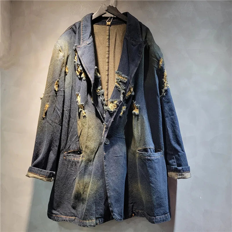 WTHT Vintage Fashion Women's Broken Hole Denim Coat 2024 Winter Trendy Turn-down Collar Long Sleeves Jacket Female 1LS439