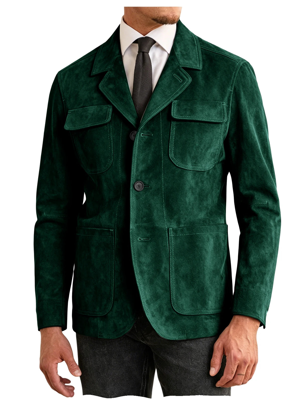 Men's Suede Safari Jacket Navy Slim Fit Fashion Multi-Pocket Notched Lapel Retro Casual Hunting Blazer For Business Daily Wear