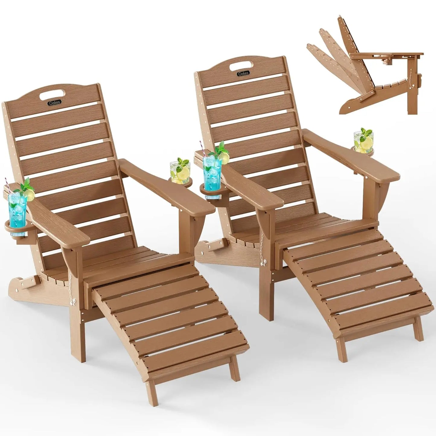 Folding Adirondack Chair Set of 2, Retractable Ottoman & Pull-Out Footrest, Weather Resistant for Fire Pit Lawn Outdoor , Custom