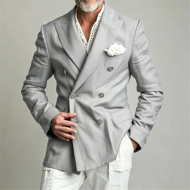 Men's Chic Peak Lapel Linen Blazer Double Breasted Slim Fit Formal Suit Jacket Summer Business Wedding Party Beach Daily Coat