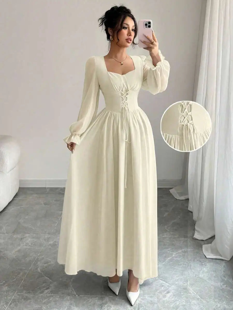 Elegant Blue Long Sleeve Maxi Dress with Corset Lace-Up Waist, Square Neck, Ruffled Cuffs for Spring Summer Events