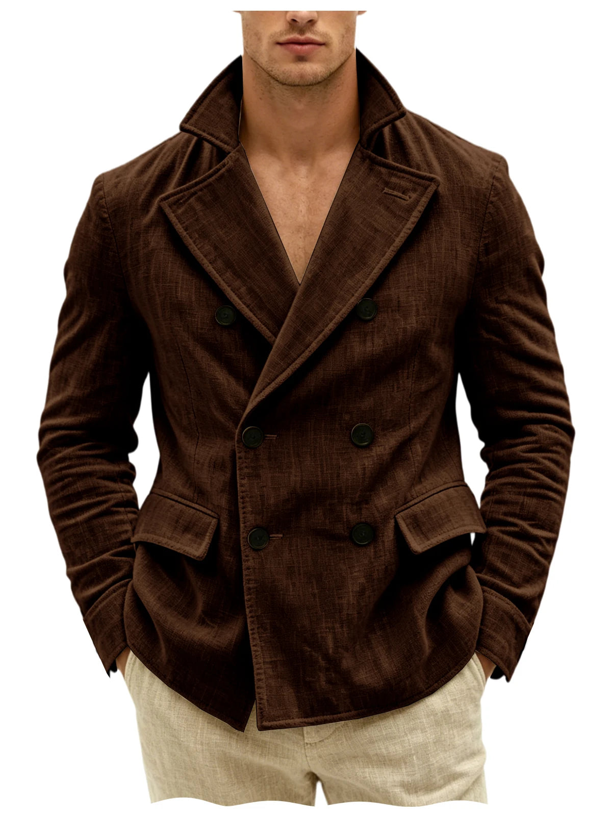 Men's Khaki Linen Blazer Double Breasted Peaked Lapel Lightweight Breathable Soft Cool Casual Formal Sport Coat For Summer Beach